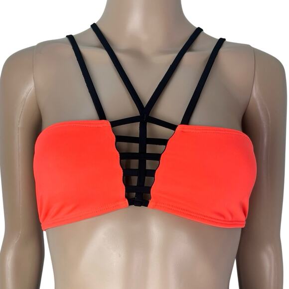 Pily Q Neon Orange Black Strappy Pull Over Bikini Top - Picture 9 of 9